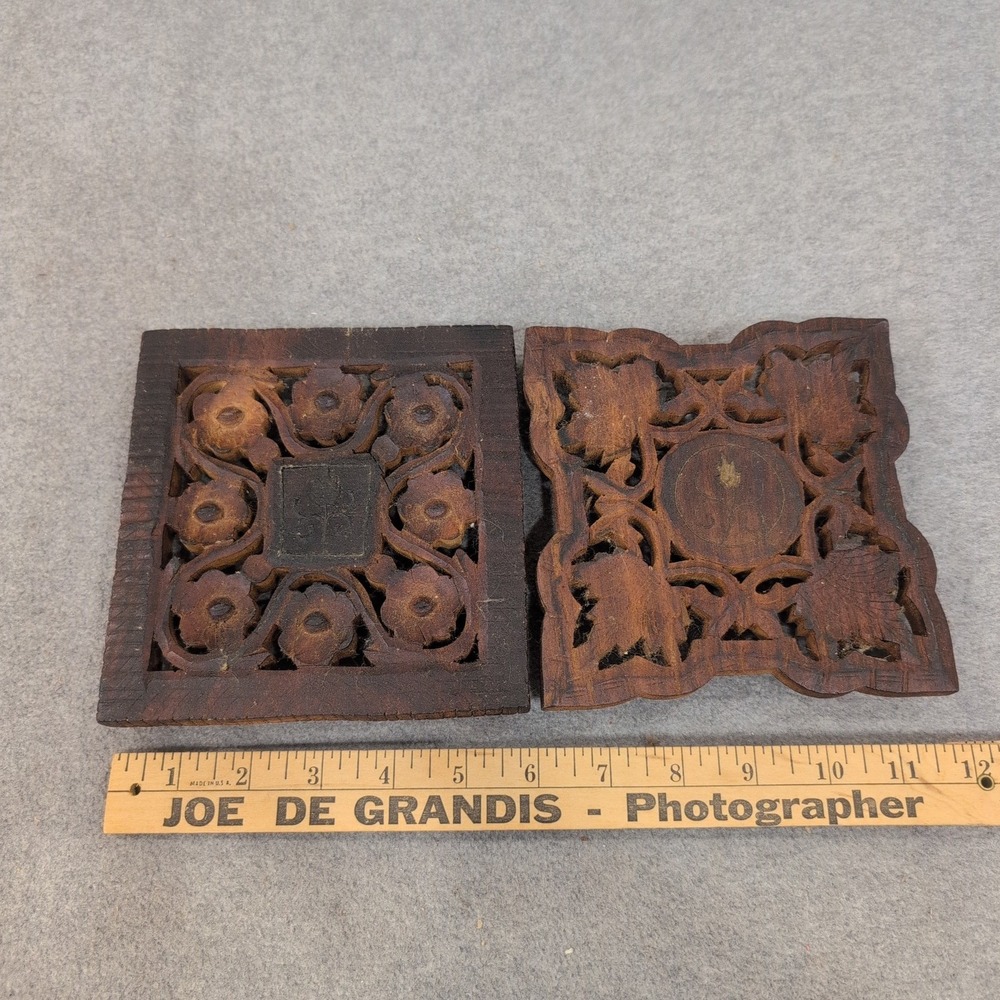 Vintage Hand Carved Sheesham Wood Trivet Set 2 Piece Floral Leaf Made in India - Picture 4 of 8